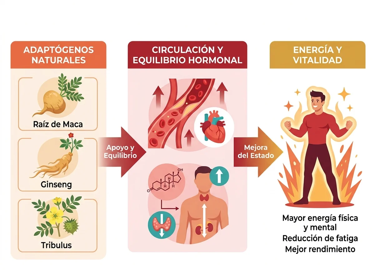 Infografia de como funciona Eronex - adaptogenos naturales apoyan la vitalidad masculina