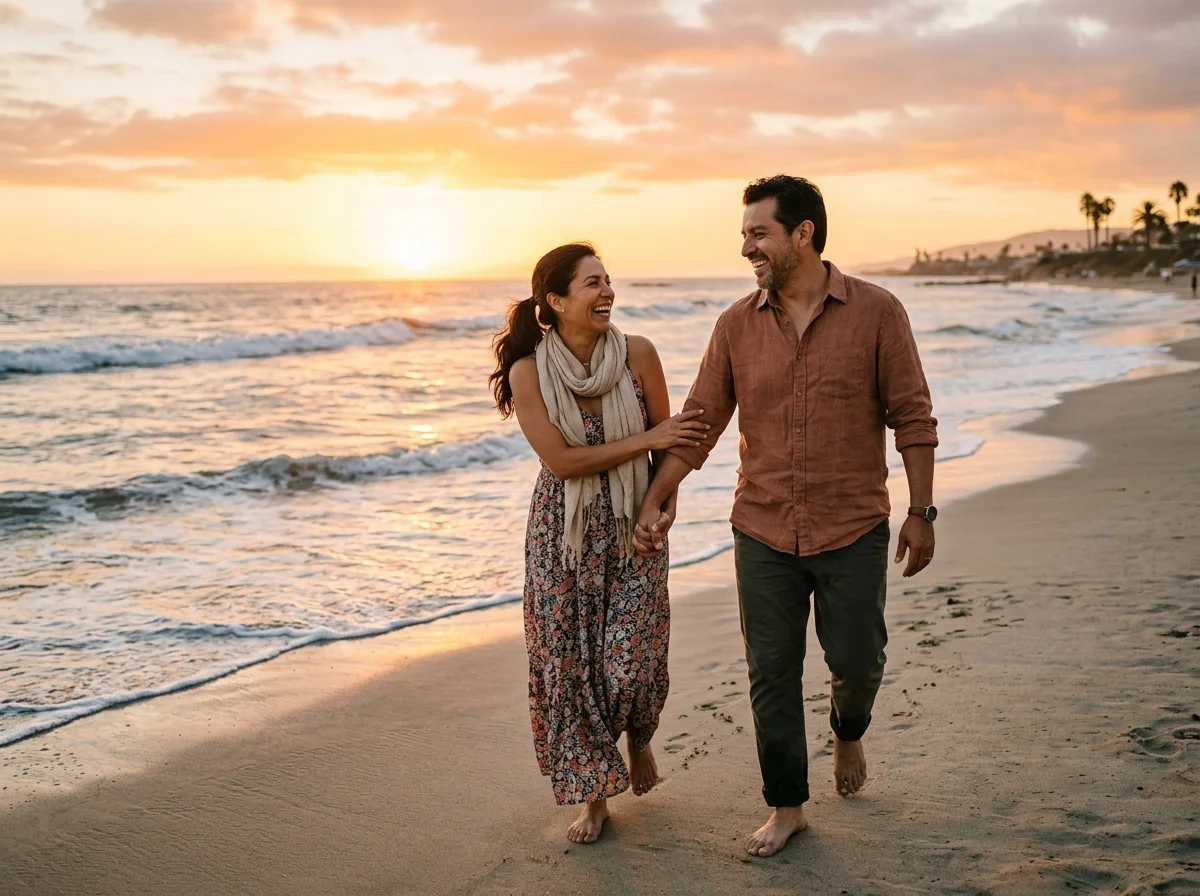 Pareja feliz caminando en la playa al atardecer - vitalidad con Eronex