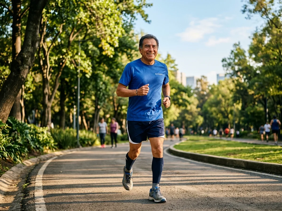 Hombre maduro corriendo en parque - salud cardiovascular con Tonerin