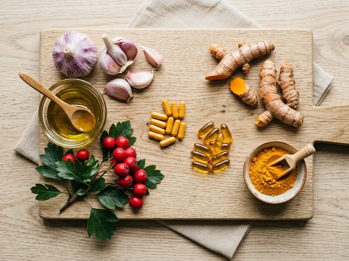 Ingredientes naturales de Tonerin - ajo, CoQ10, omega-3, espino blanco y curcuma