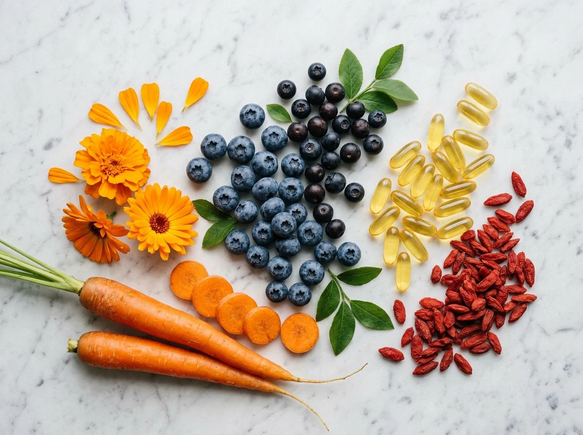 Ingredientes naturales de Ultravix - arandanos, luteina, zanahorias, omega-3 y goji