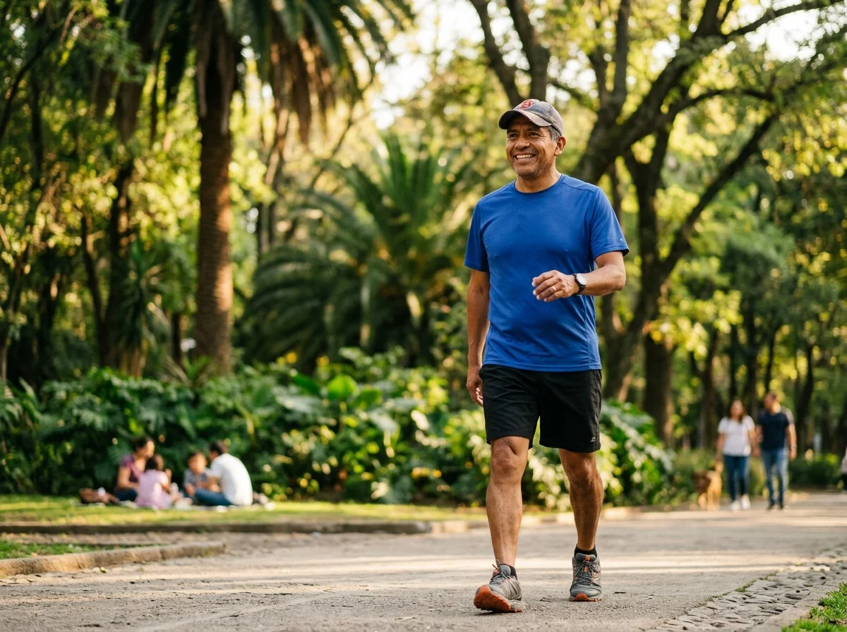 Hombre activo caminando en parque - estilo de vida saludable con Uroxel