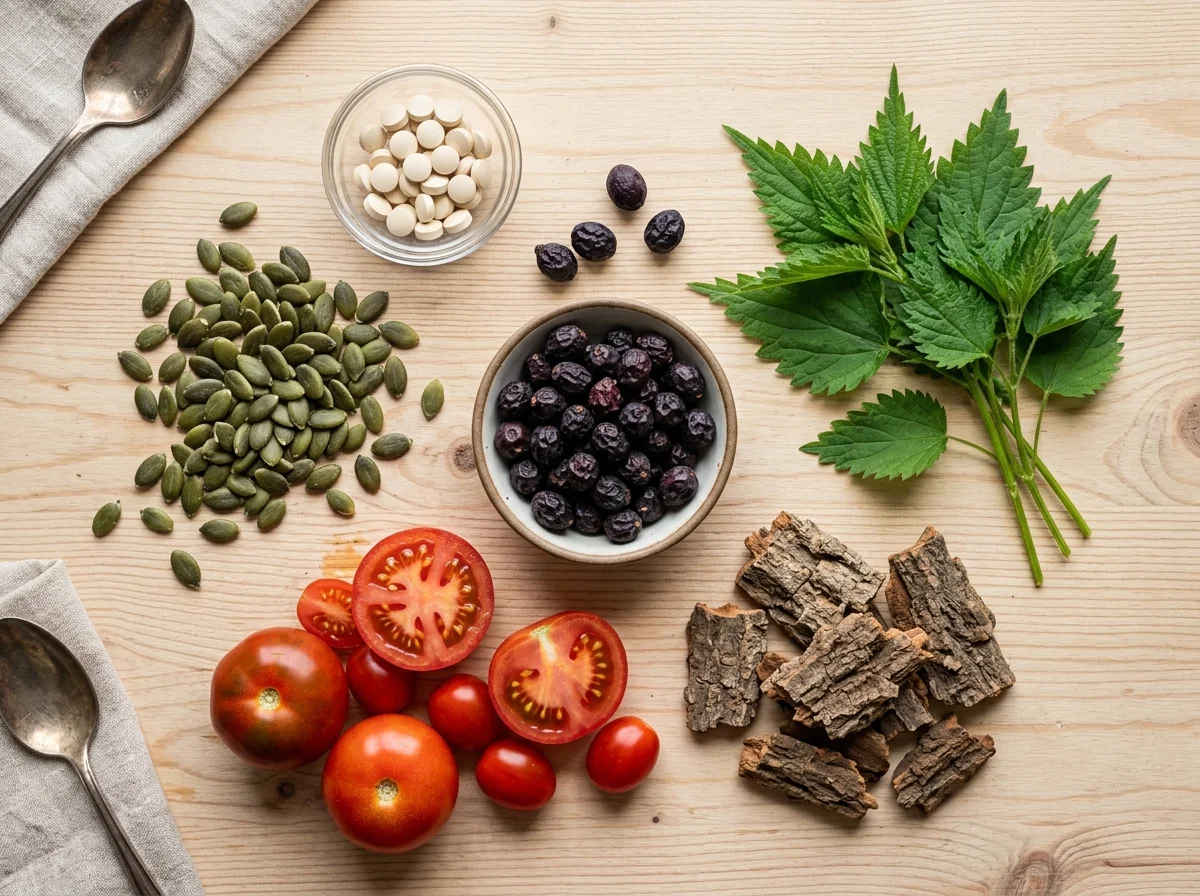 Ingredientes naturales de Uroxel - saw palmetto, semillas de calabaza, zinc, ortiga, tomates y pygeum
